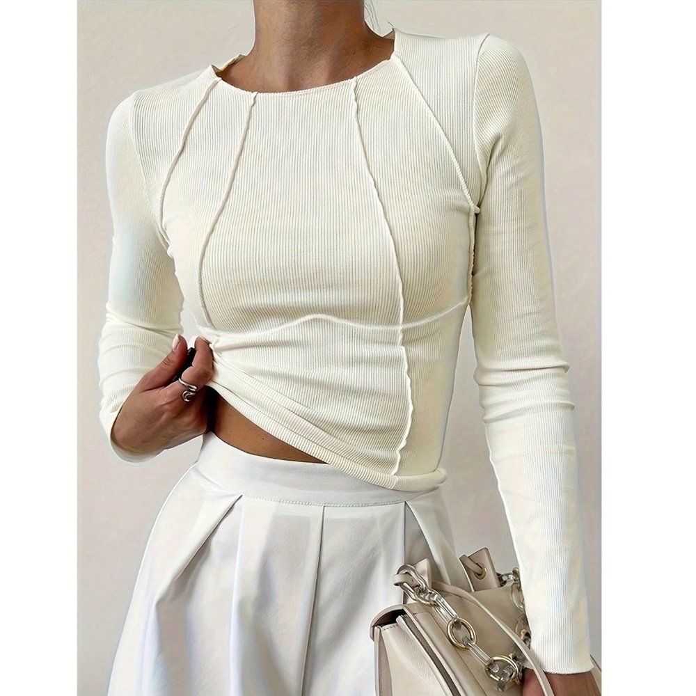 White Rib Knit Long Sleeve Shirt, Stitches Outside